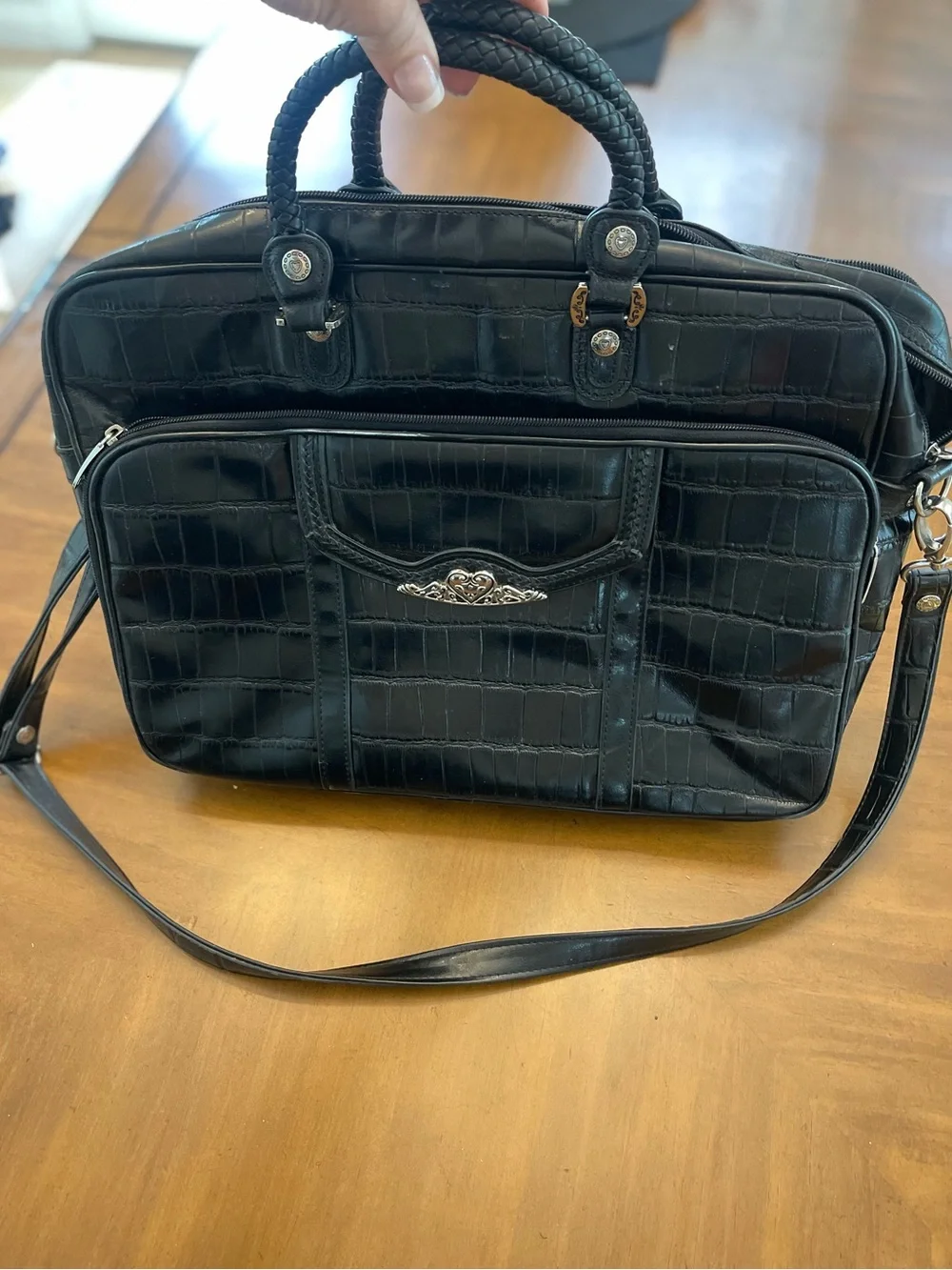 Black Croc-Embossed Leather Briefcase Bag with silver hardware